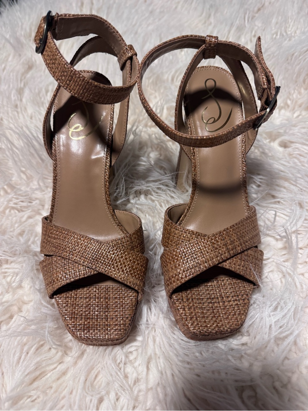 Sam Edelman Kayna Ankle Strap Heel Size 7 1/2 Platform Brown Weave - Picture 2 of 10